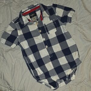 💥4/$25 OshKosh B'gosh Dark Navy Blue & White Checkered Collard Onsie,Size: 24M